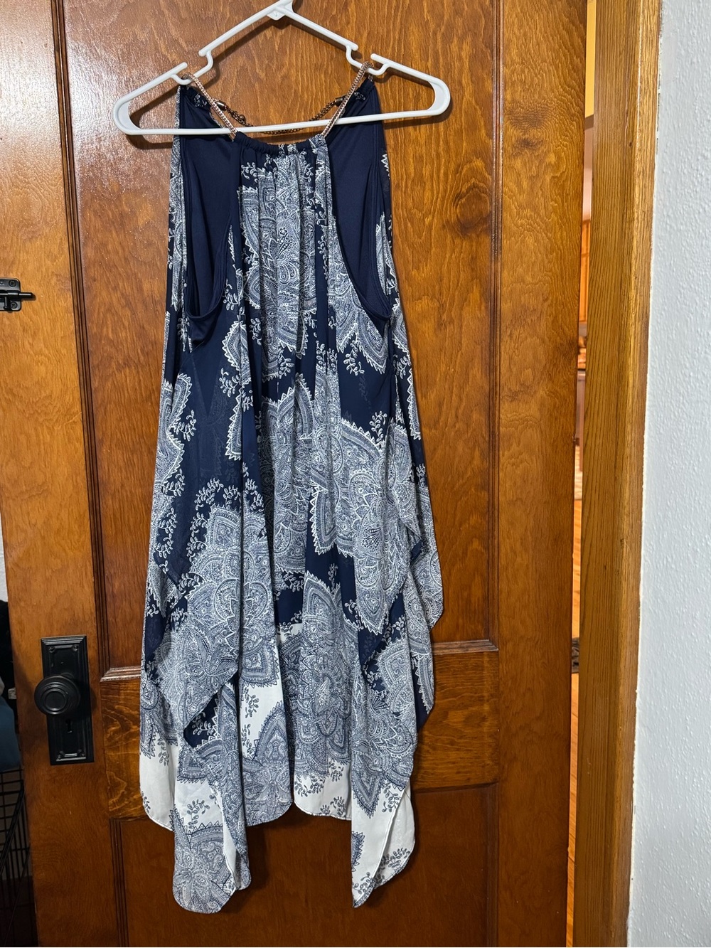 B. Smart Navy and White Paisley Asymmetrical Handkerchief Dress